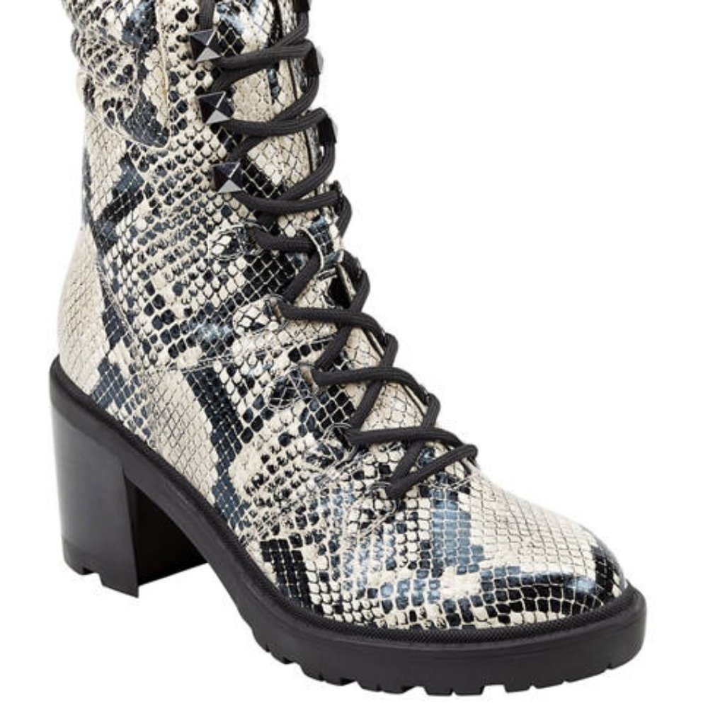 MARC FISHER LABONI LEATHER SNAKESKIN COMBAT BOOTS